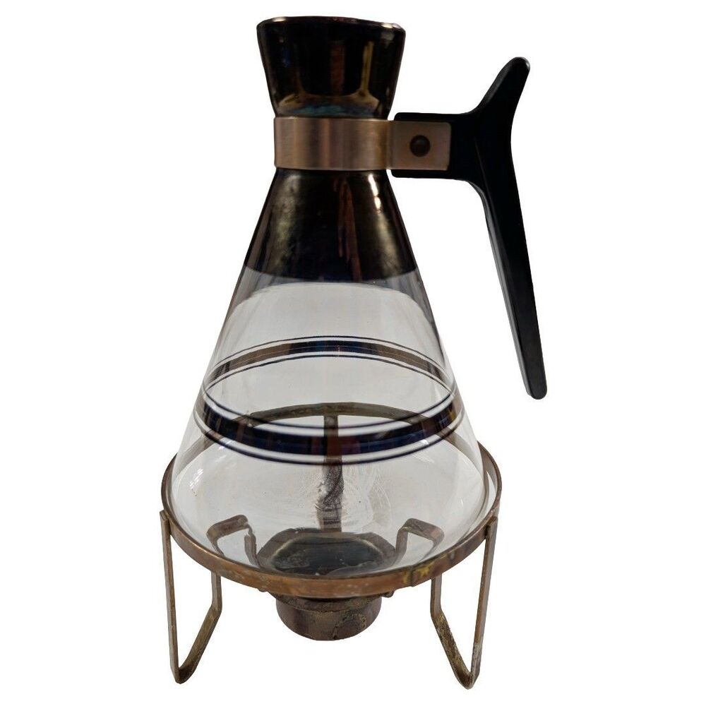 Vintage MCM Glass Coffee Carafe Warming Stand Black Handle